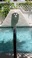 Una piscina con una escultura de cabeza de león en el centro.