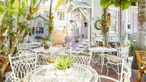 A patio area with white metal tables and chairs, surrounded by potted plants and palm trees. - Artist House Key West (Key West)