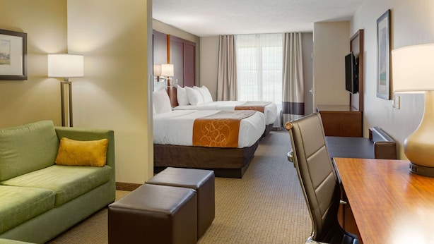 Una habitación de hotel con una cama, un sofá verde, una mesa de madera y un televisor.