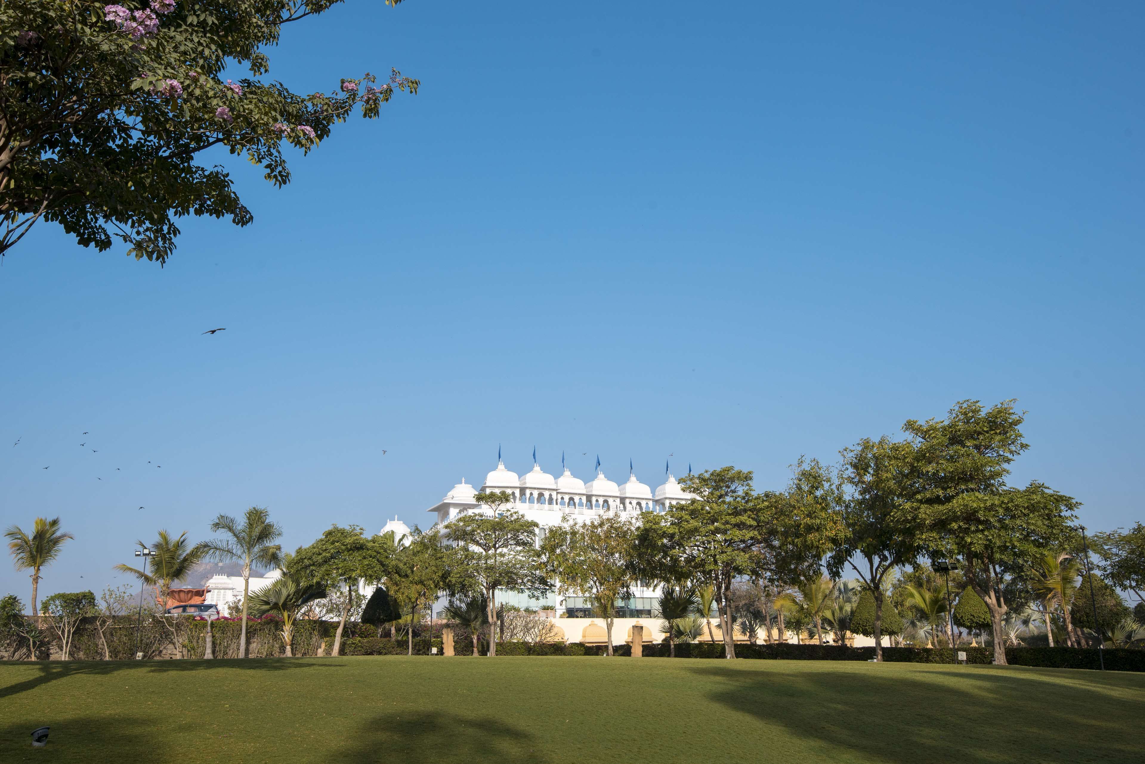 A large, white building with multiple domes and spires, surrounded by a well-maintained lawn and palm trees.