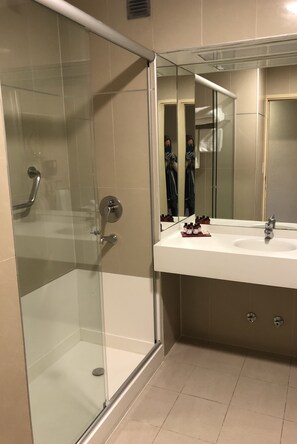 Combined shower/tub, free toiletries, hair dryer, bidet