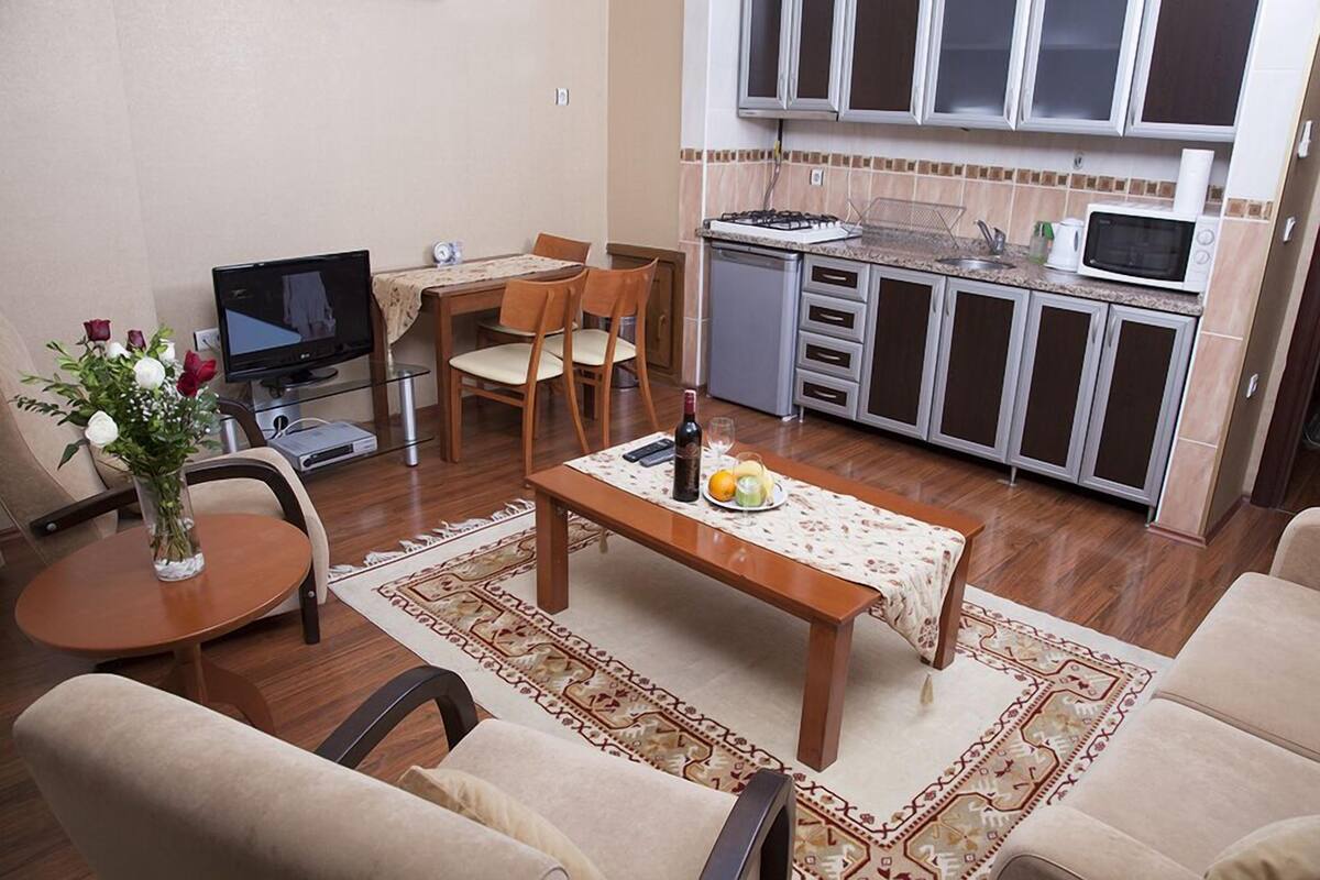 A compact living space with a dining area, a kitchen with modern appliances, and a flat-screen TV.
