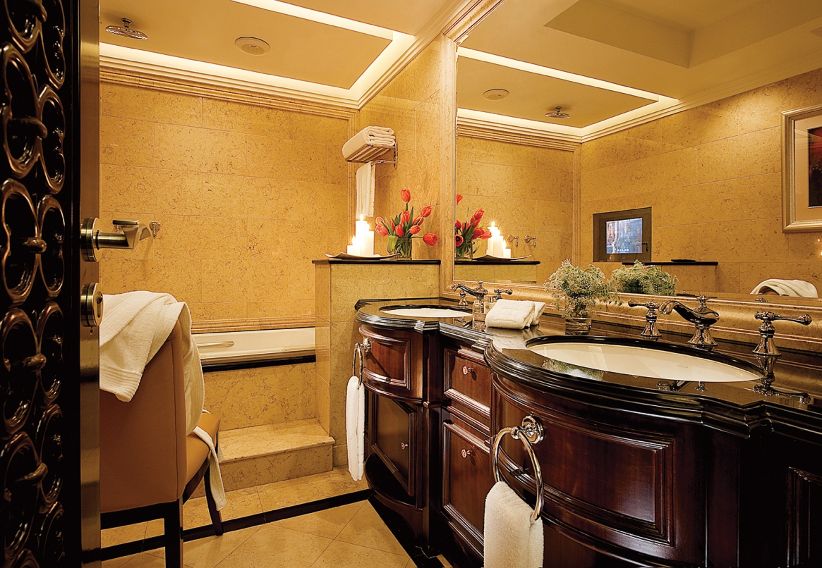 separate bathtub and shower, designer toiletries, hair dryer, bathrobes