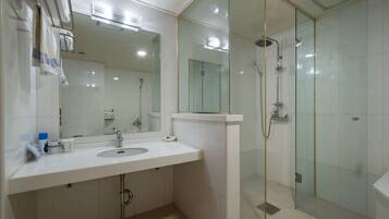Combined shower/bathtub, hair dryer, slippers, bidet
