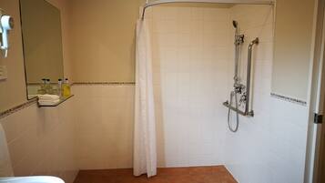 A bathroom with a shower, a sink, and a mirror.