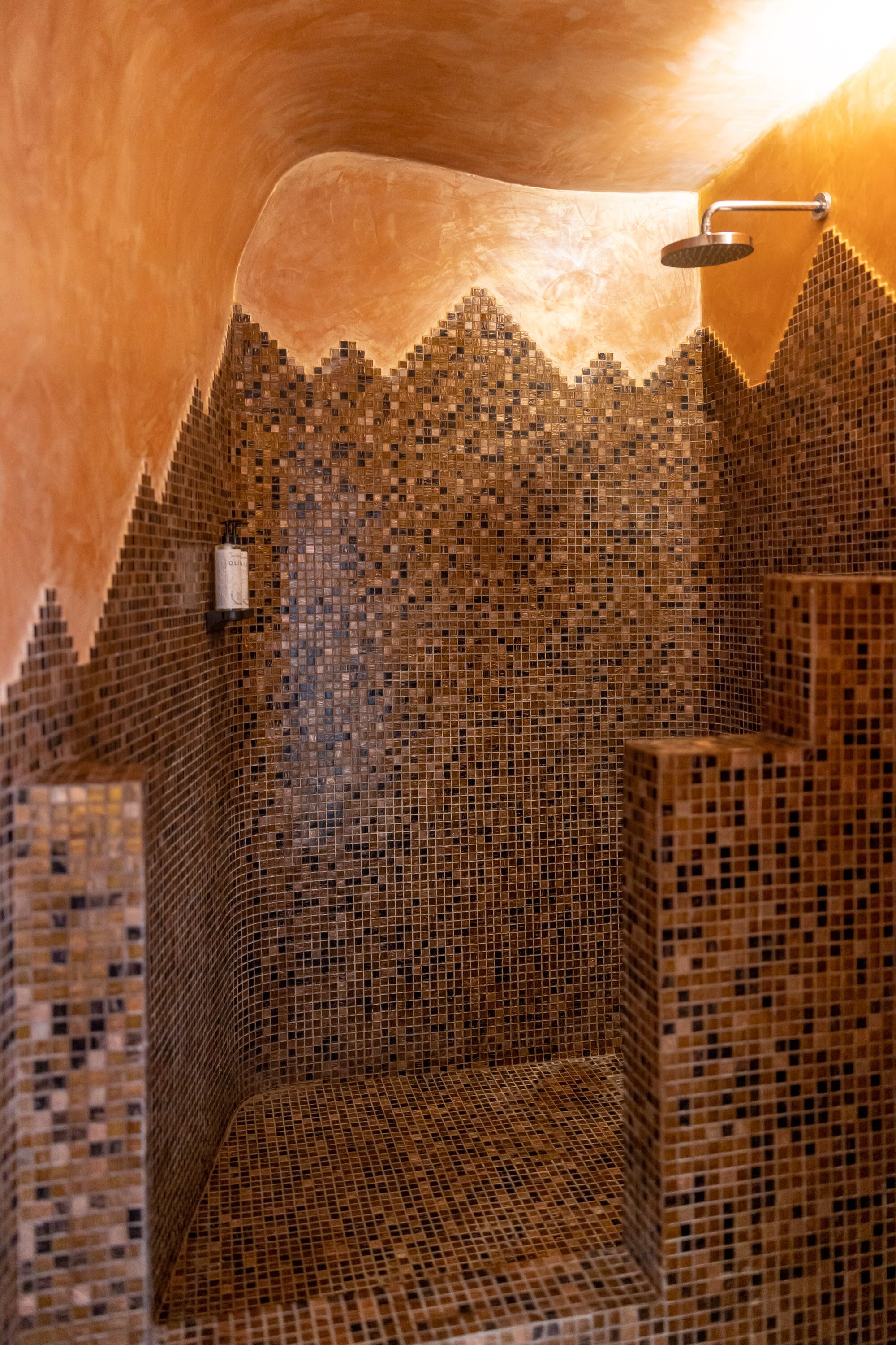 A tiled shower with a unique mosaic design, a handheld showerhead, and a wall-mounted light fixture.