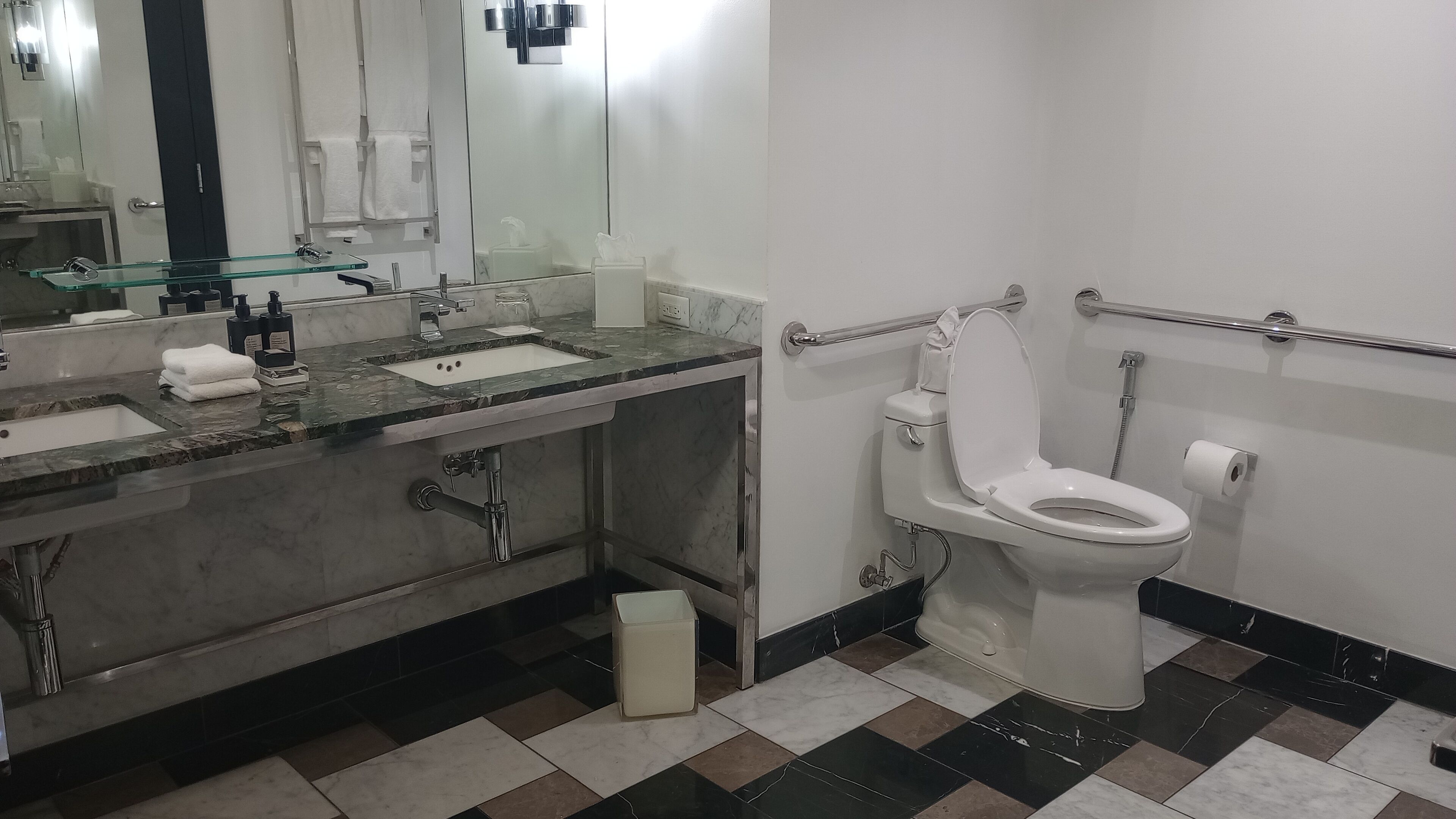 Ein Badezimmer mit Waschbecken, Spiegel, Toilette und Handläufen.