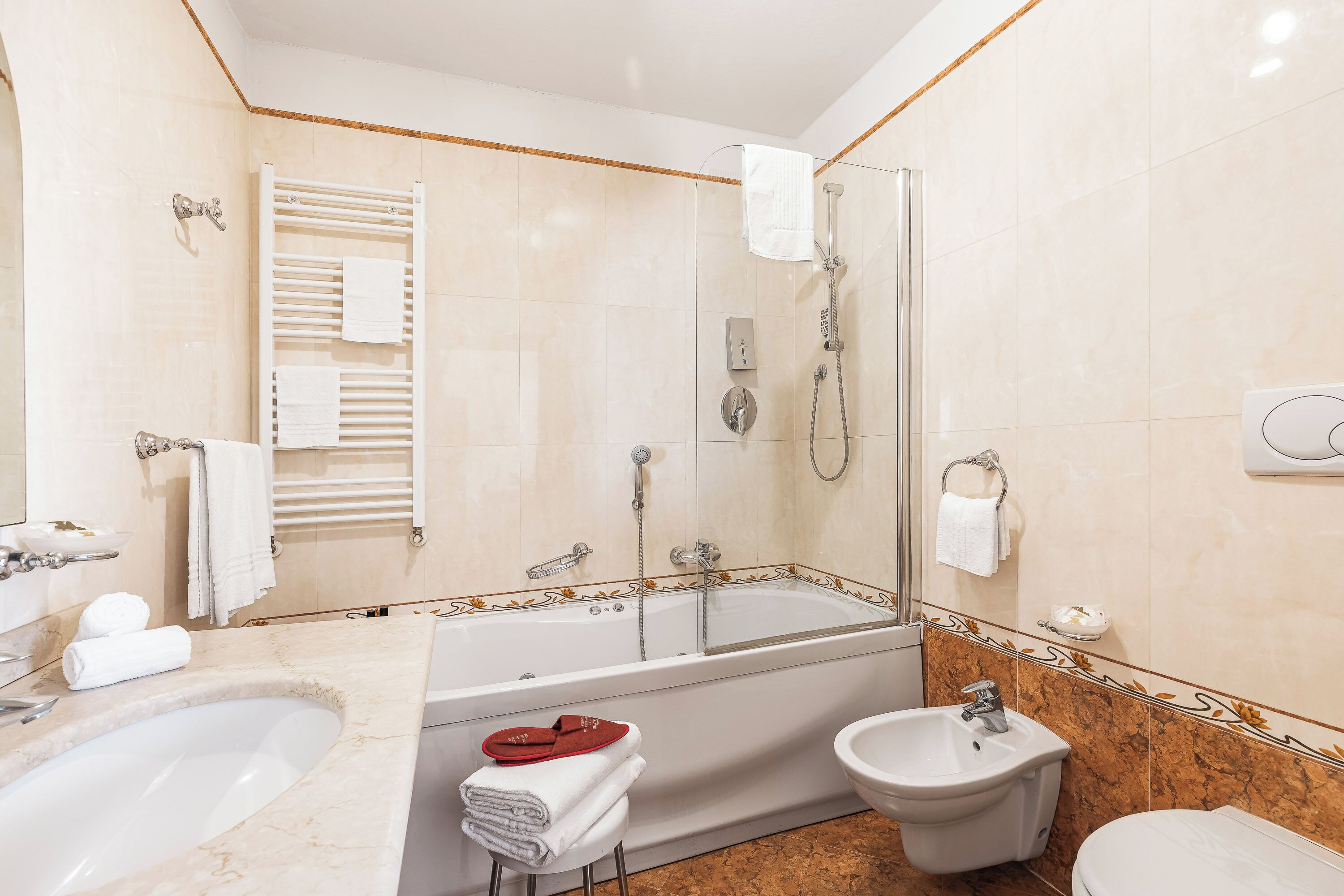 combined shower/bathtub, free toiletries, hair dryer, bidet