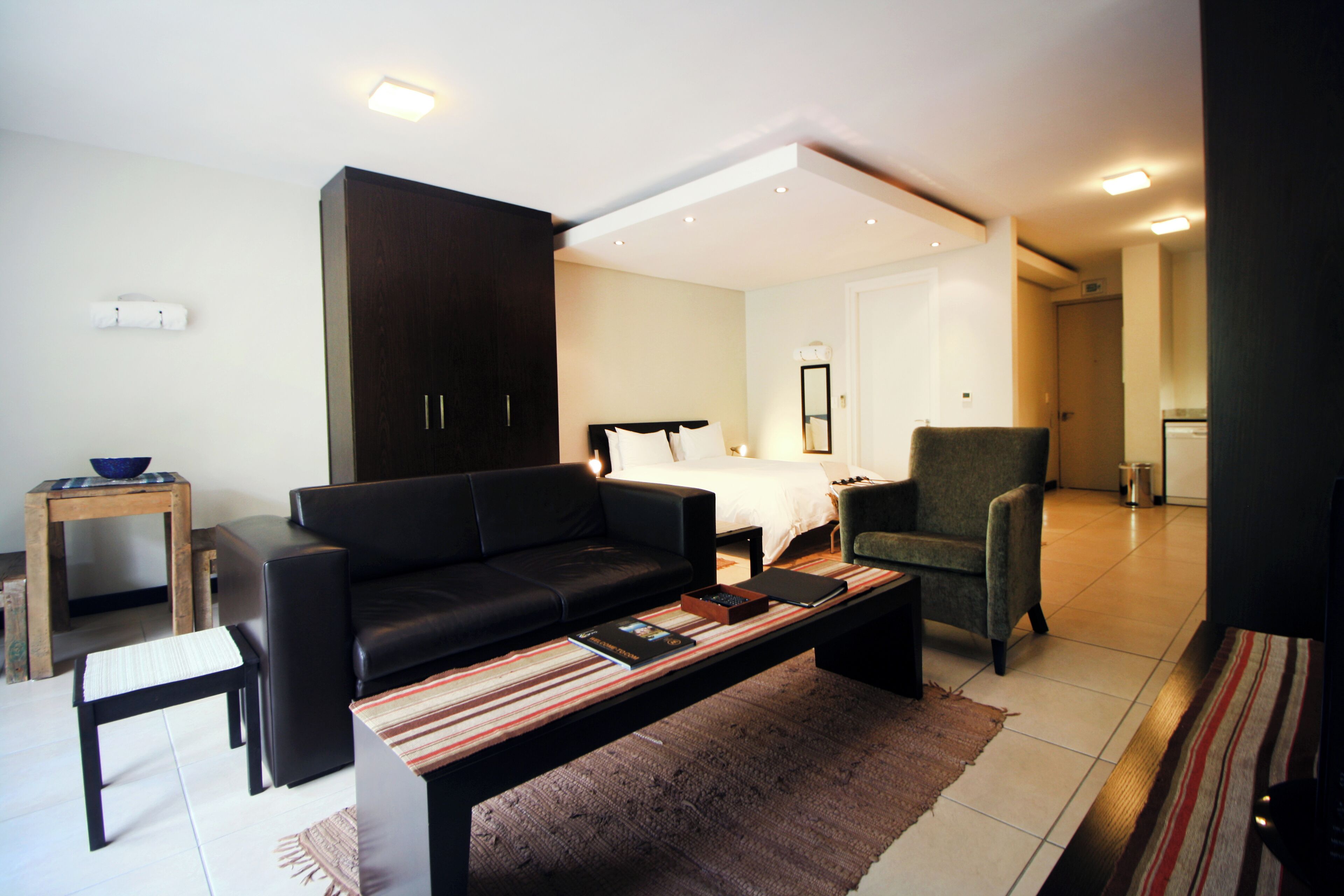 Una sala de estar moderna con un sofá negro, una mesita de madera, un tapete a rayas y un sillón verde.