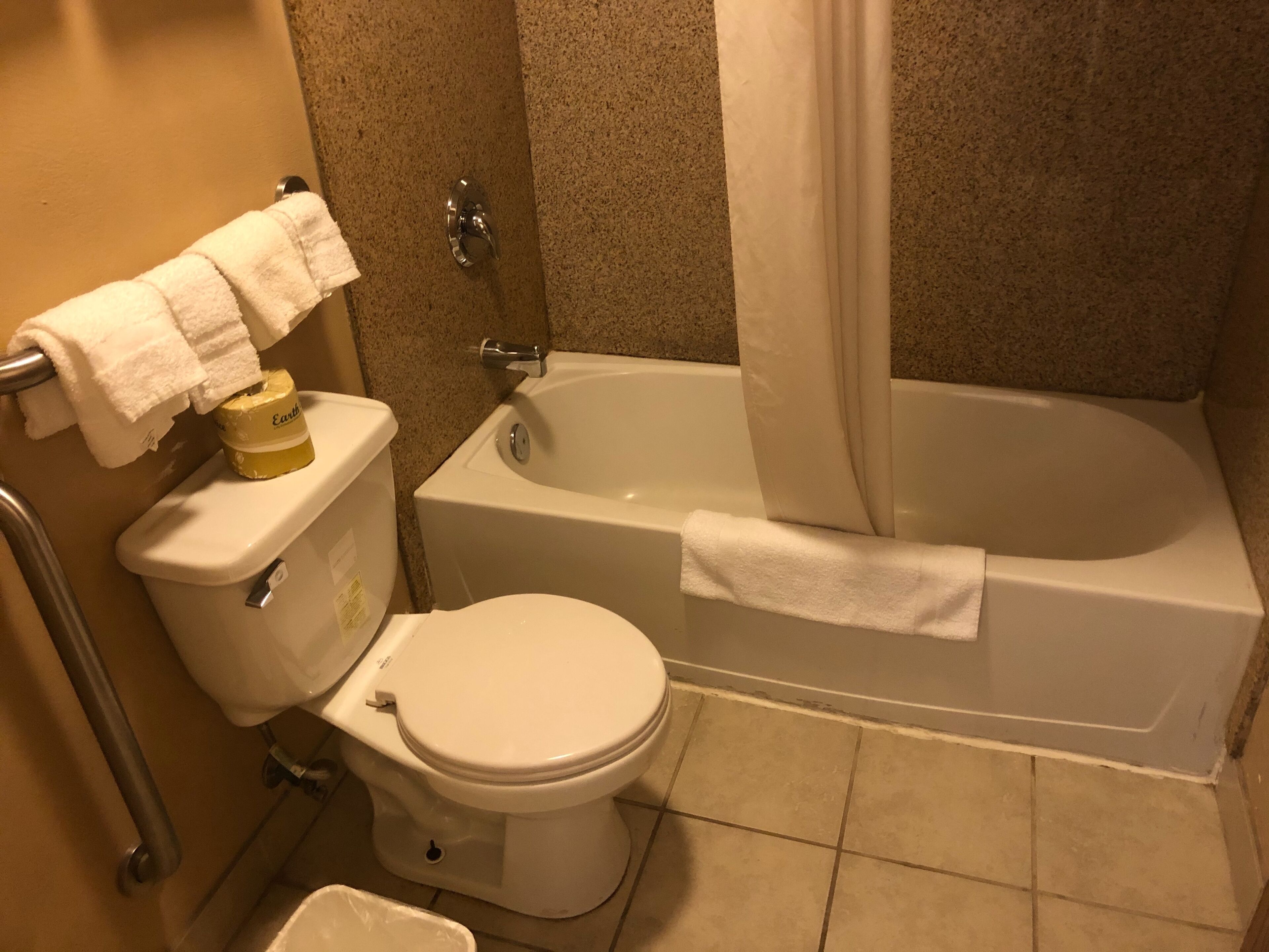 Une salle de bain équipée de toilettes, d’une baignoire et d’un rideau de douche.
