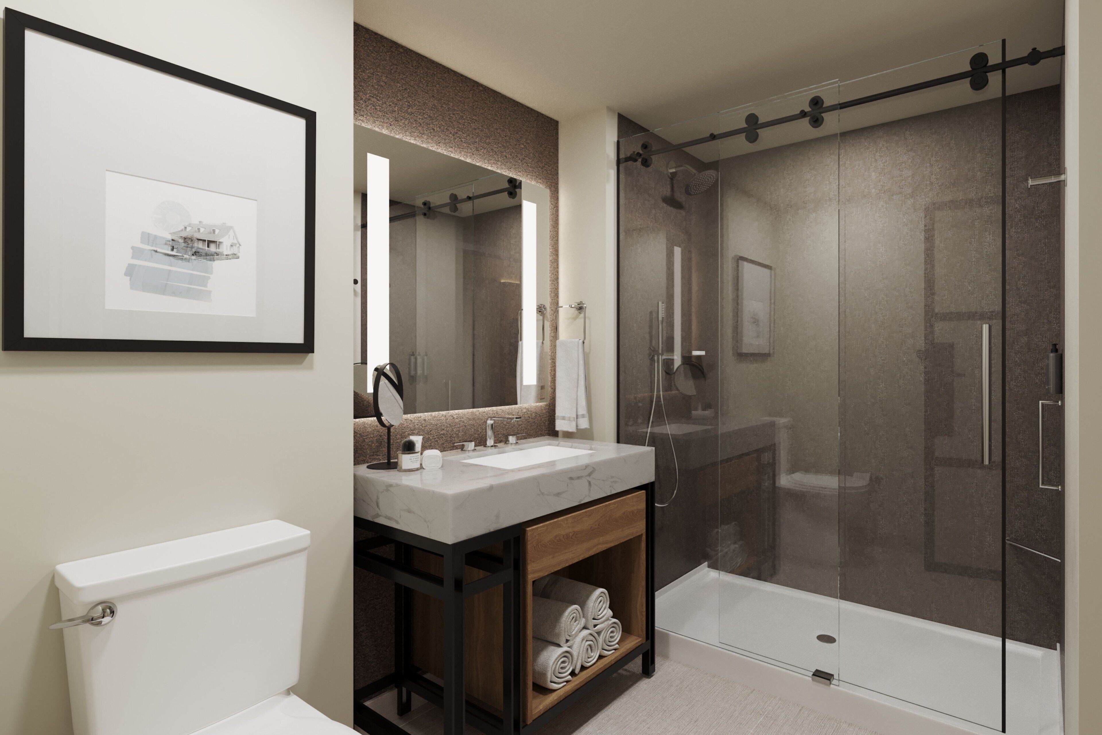 combined shower/bathtub, hair dryer, towels