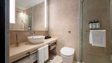 A modern bathroom with a glass shower enclosure, a white sink, and a toilet.