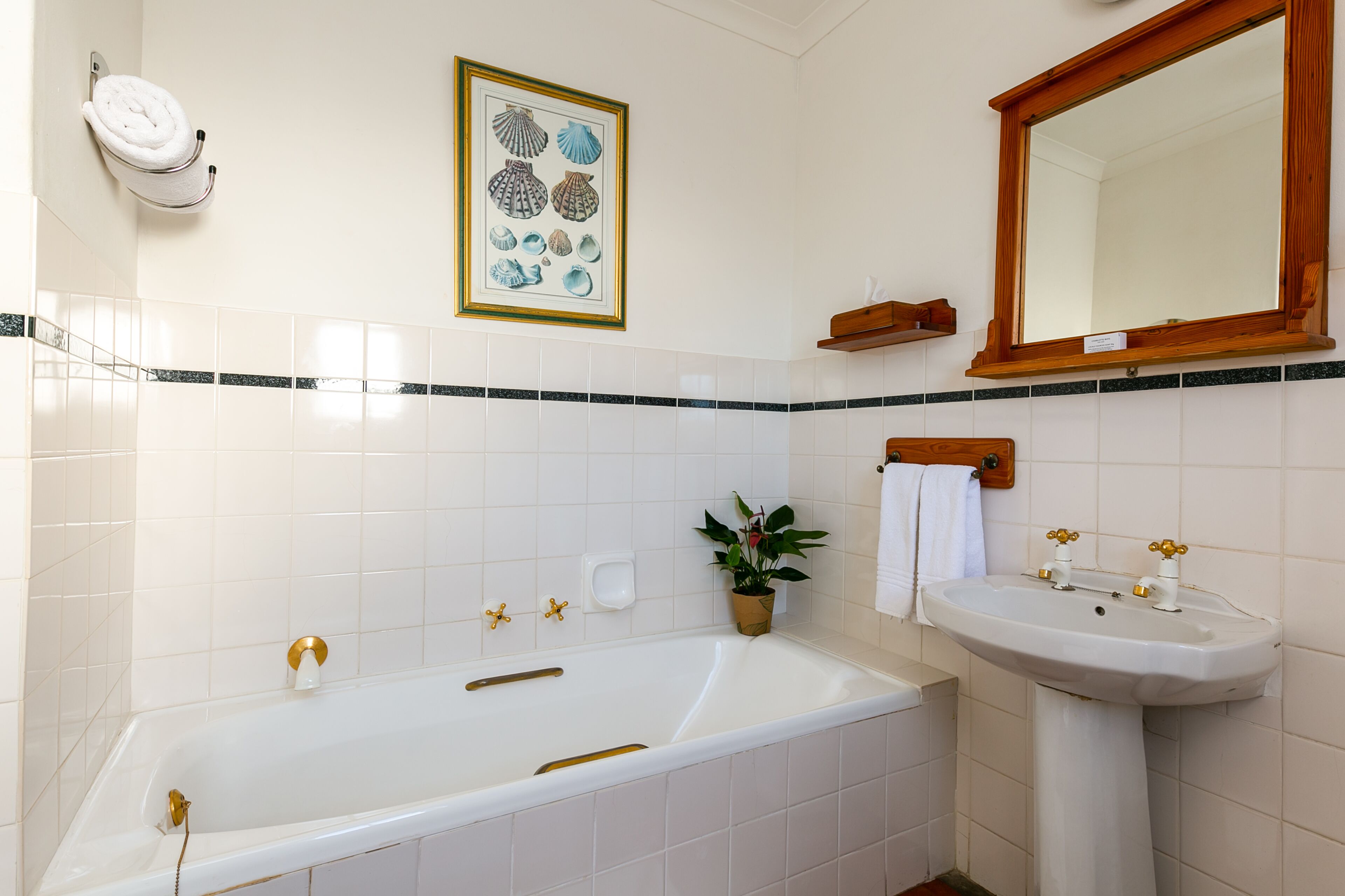 Un baño con bañera, lavamanos, espejo y un cuadro con caracoles marinos en la pared.