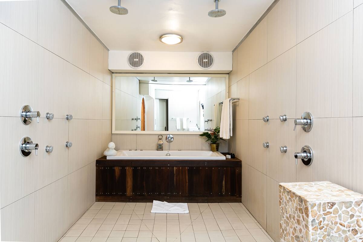 romantic room wood-fired hot tub | bathroom | free toiletries, hair dryer, towels, soap