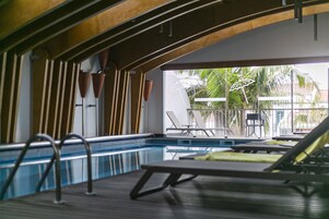 Indoor pool, open 9:00 AM to 9:00 PM, sun loungers