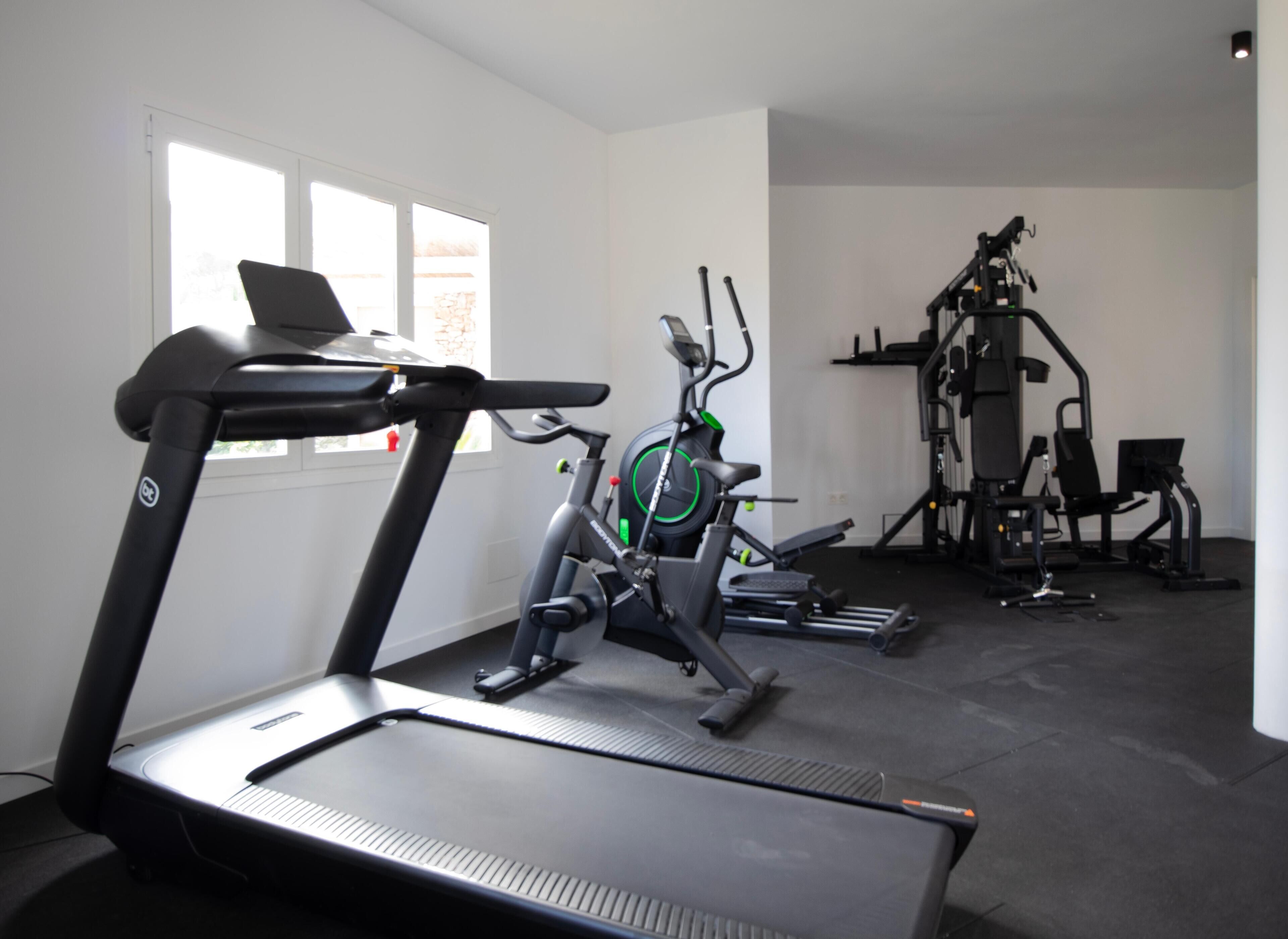 A gym with a treadmill, elliptical, and weight machines.