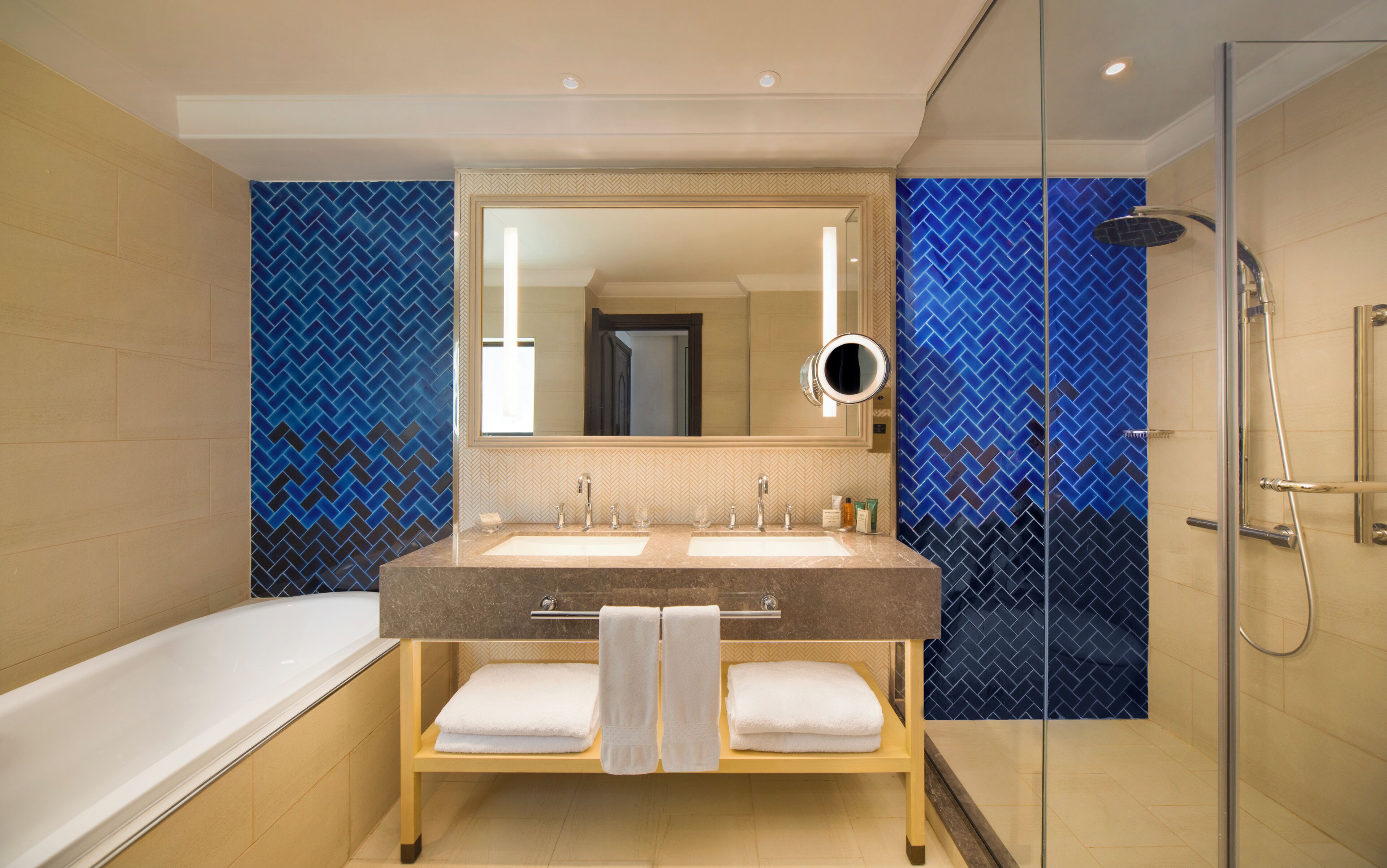 separate bathtub and shower, designer toiletries, hair dryer, bathrobes