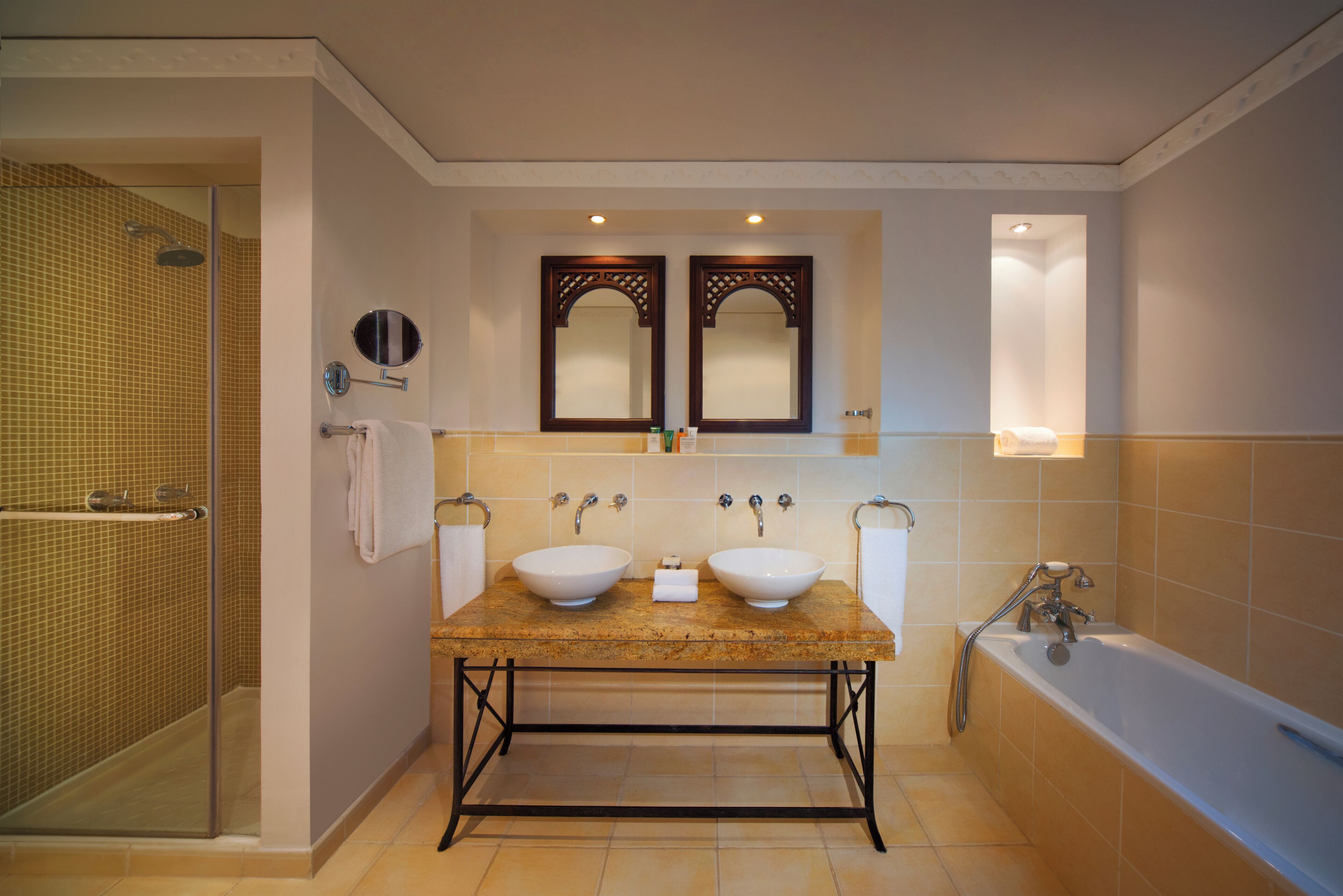 family room, 2 queen beds, pool view | bathroom | separate bathtub and shower, designer toiletries, hair dryer, bathrobes