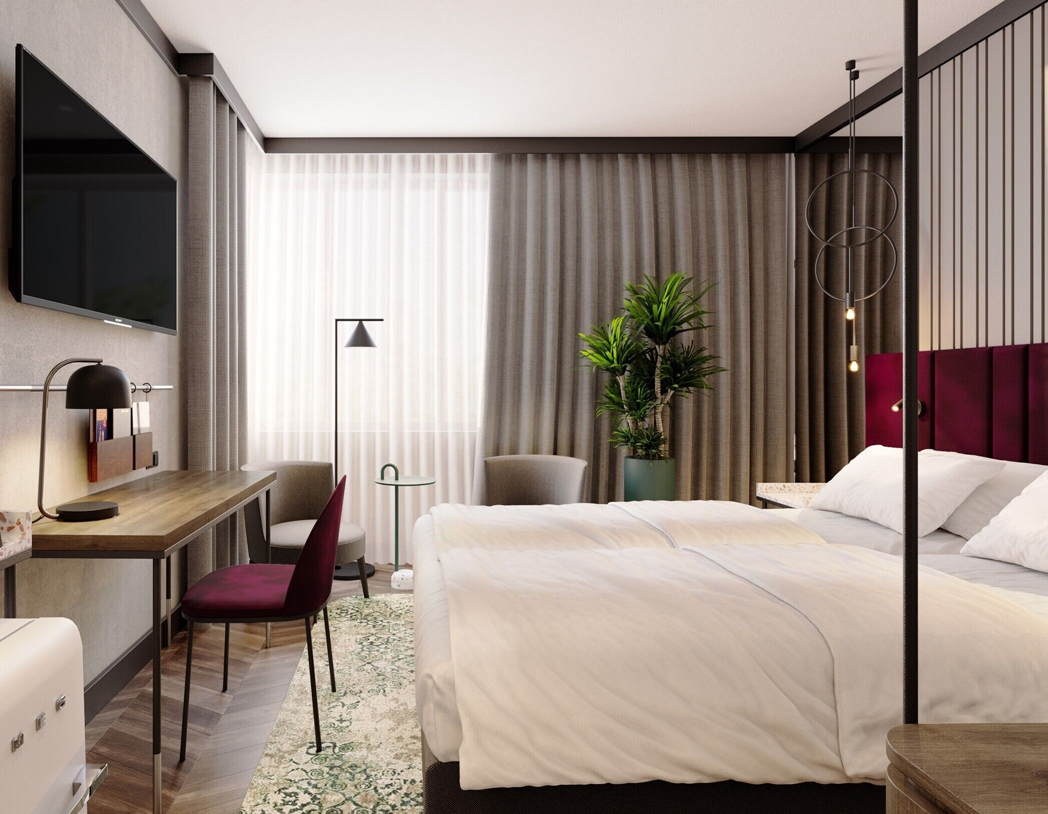 Habitación de hotel moderna con cama, escritorio, silla, televisión y una planta en maceta.
