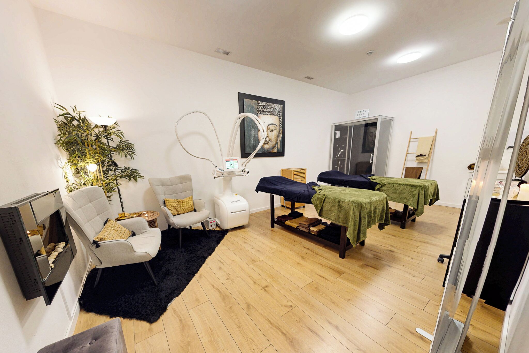 Um quarto com mesa de massagem, duas cadeiras, uma planta grande e um quadro na parede.