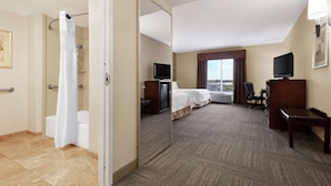 A hotel room with a shower, a bed, a desk, a chair, a TV, and a large window with a view.