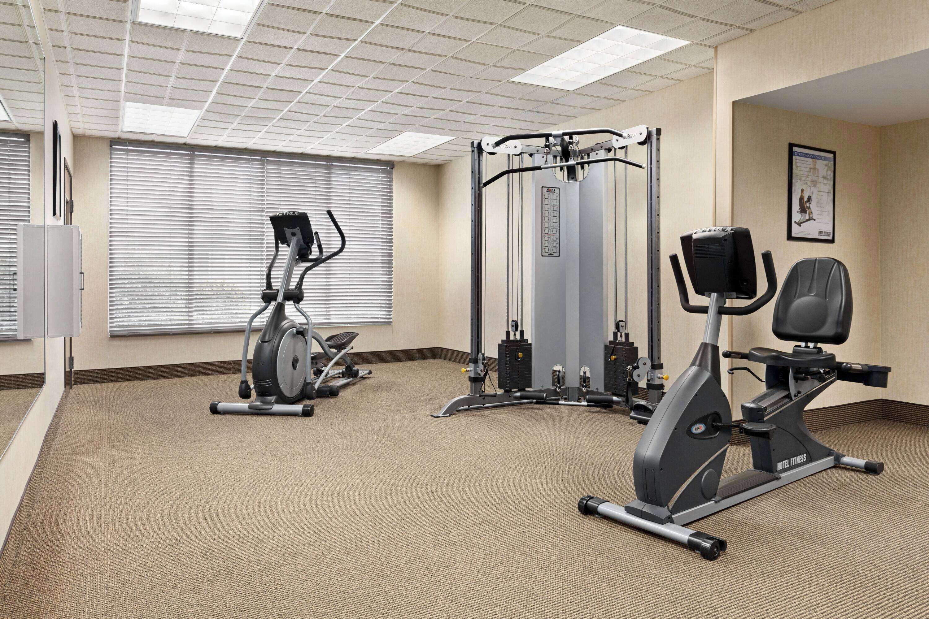Un gimnasio con máquinas de cardio, equipo de levantamiento de pesas y una bicicleta estática.