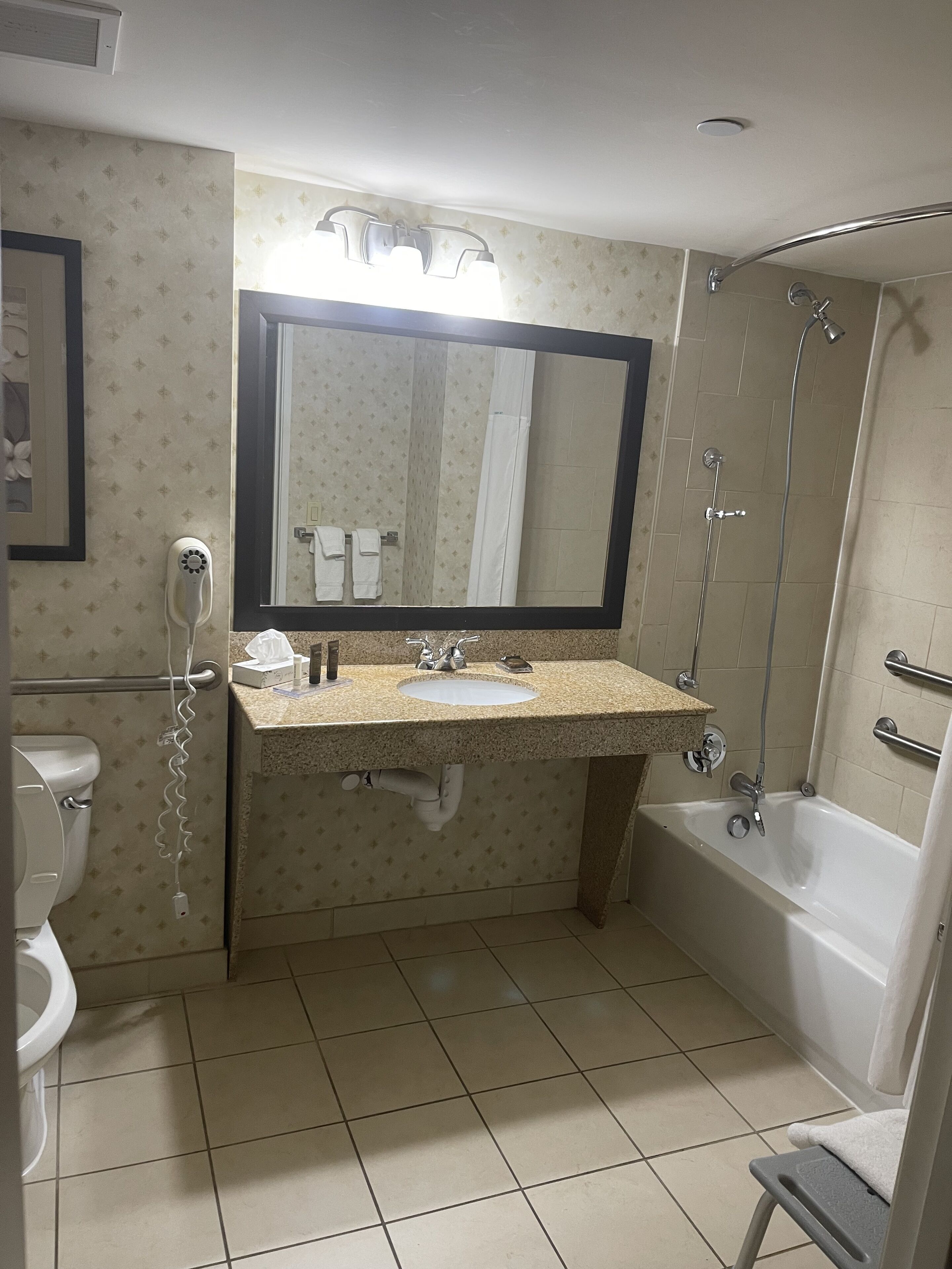 Une salle de bain équipée d’un lavabo, d’un miroir, de toilettes et d’une douche.