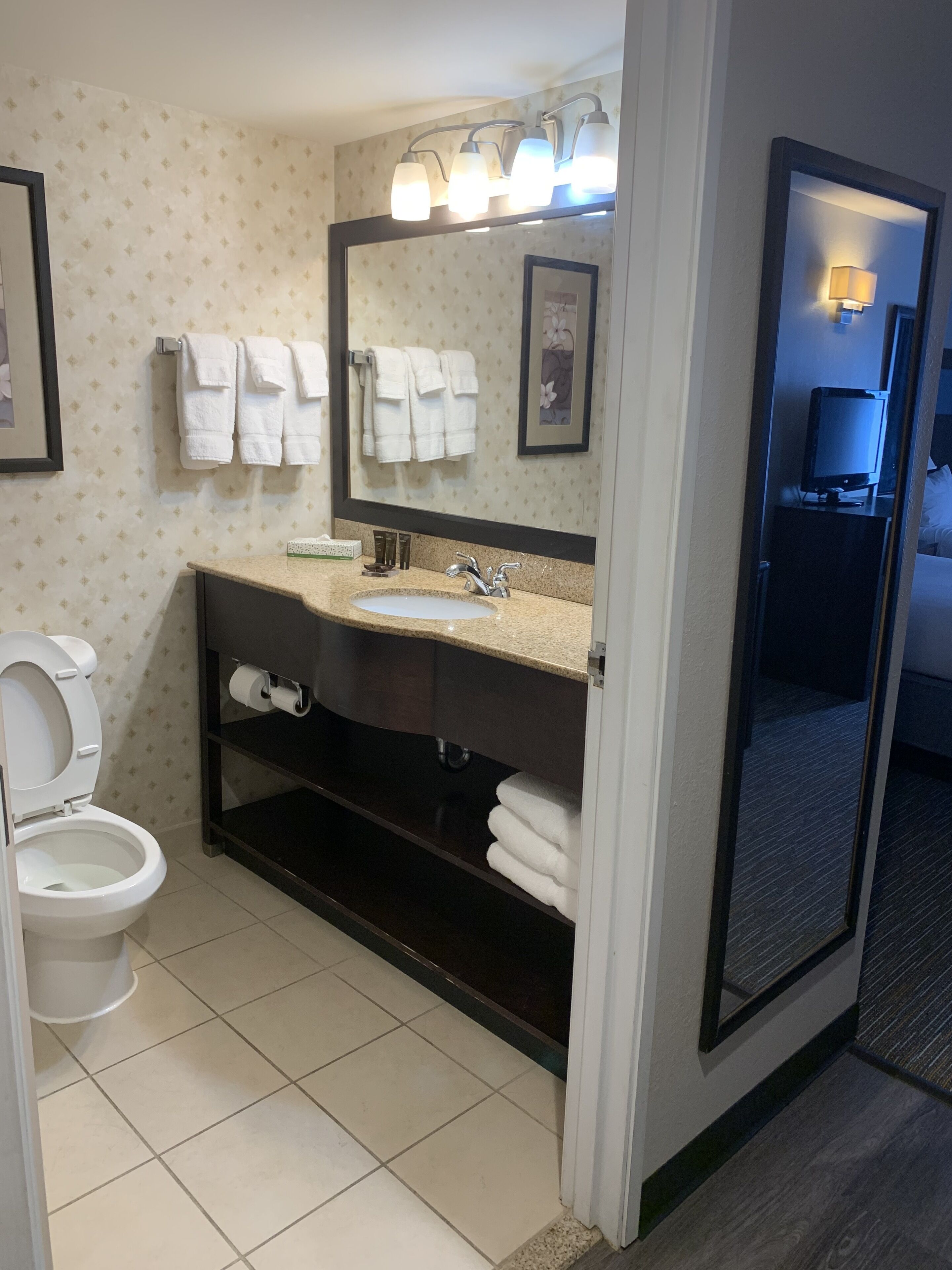 A bathroom with a toilet, sink, and mirror. There are towels hanging on the wall and a framed picture above the mirror.