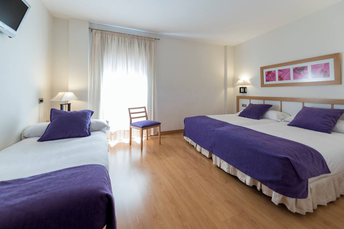 Une chambre d’hôtel avec deux lits, une chaise, une fenêtre avec des rideaux, un téléviseur fixé au mur et un tableau encadré.