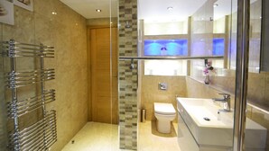 A modern bathroom with a glass shower enclosure, a white toilet, and a large sink with a mirror.