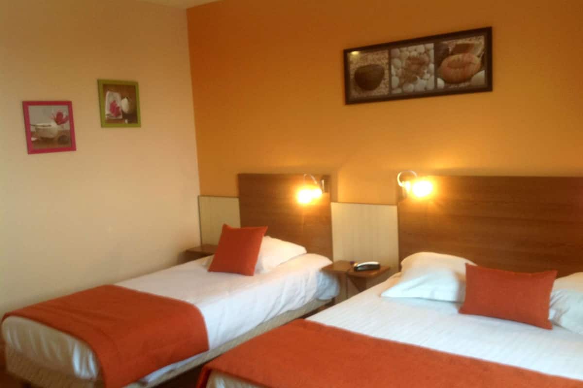 Deux lits simples avec une literie orange, une tête de lit en bois, des tables de chevet avec des lampes et un tableau encadré au mur.