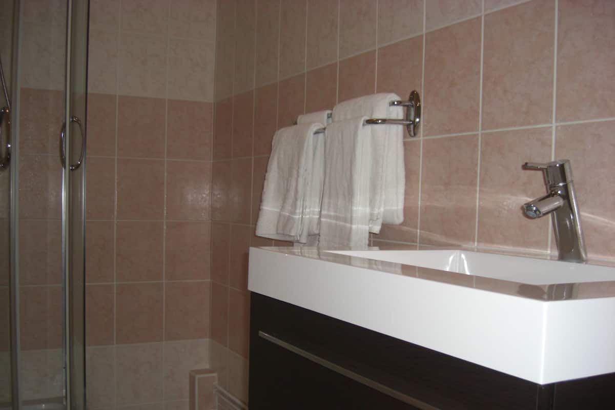 Combined shower/tub, free toiletries, hair dryer, towels