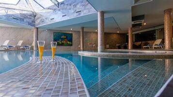 Indoor pool, outdoor pool, sun loungers