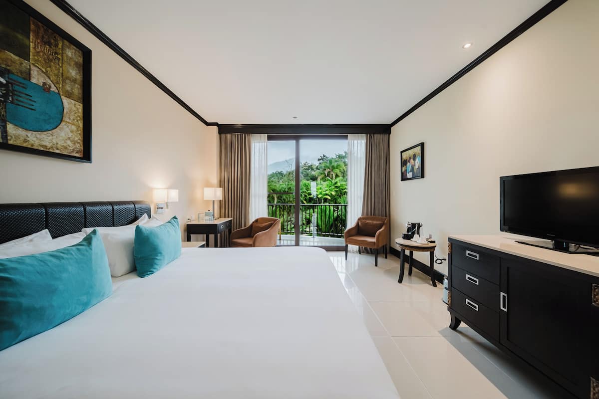 A hotel room with a bed, a television, a desk, and a view of greenery through the window.