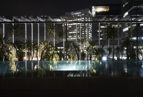 Outdoor pool, a rooftop pool, pool umbrellas, sun loungers