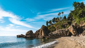 A beach with rocky formations and palm trees. - Abril Nerja (Nerja)
