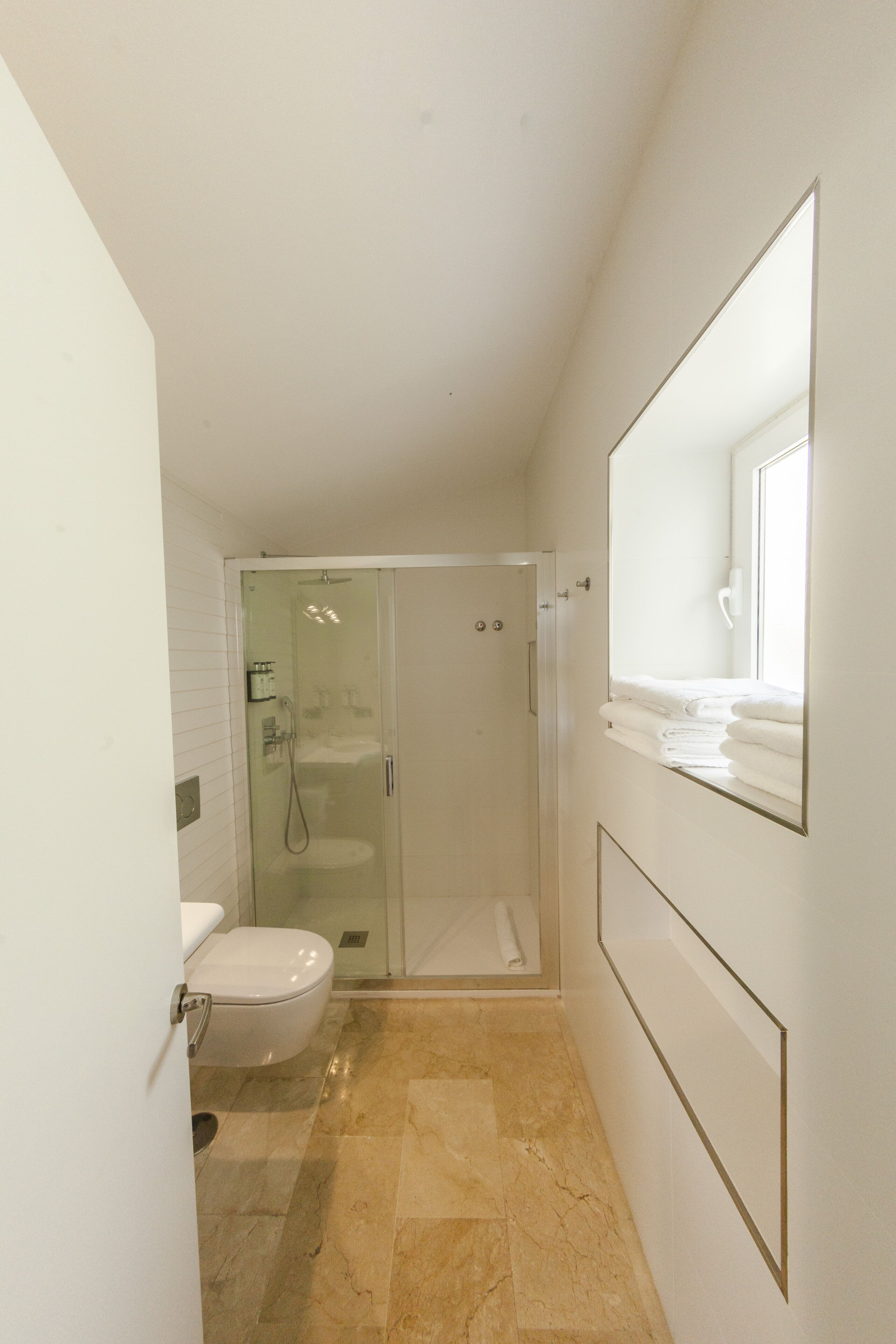 A modern bathroom with a glass-enclosed shower, a white toilet, and a large mirror.