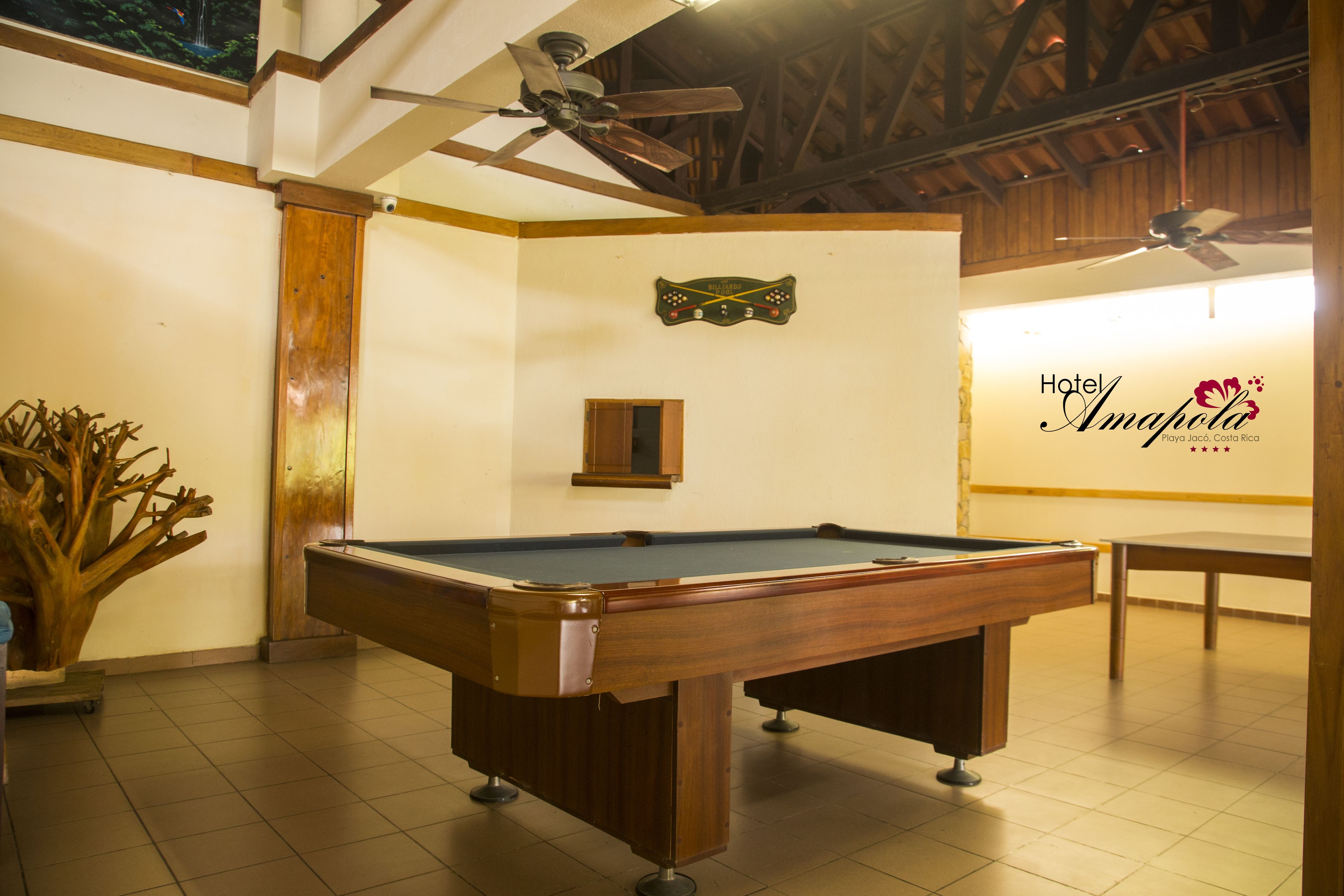 A pool table in a room with a ceiling fan, a wooden wall decoration, and a sign for Hotel Amapola.