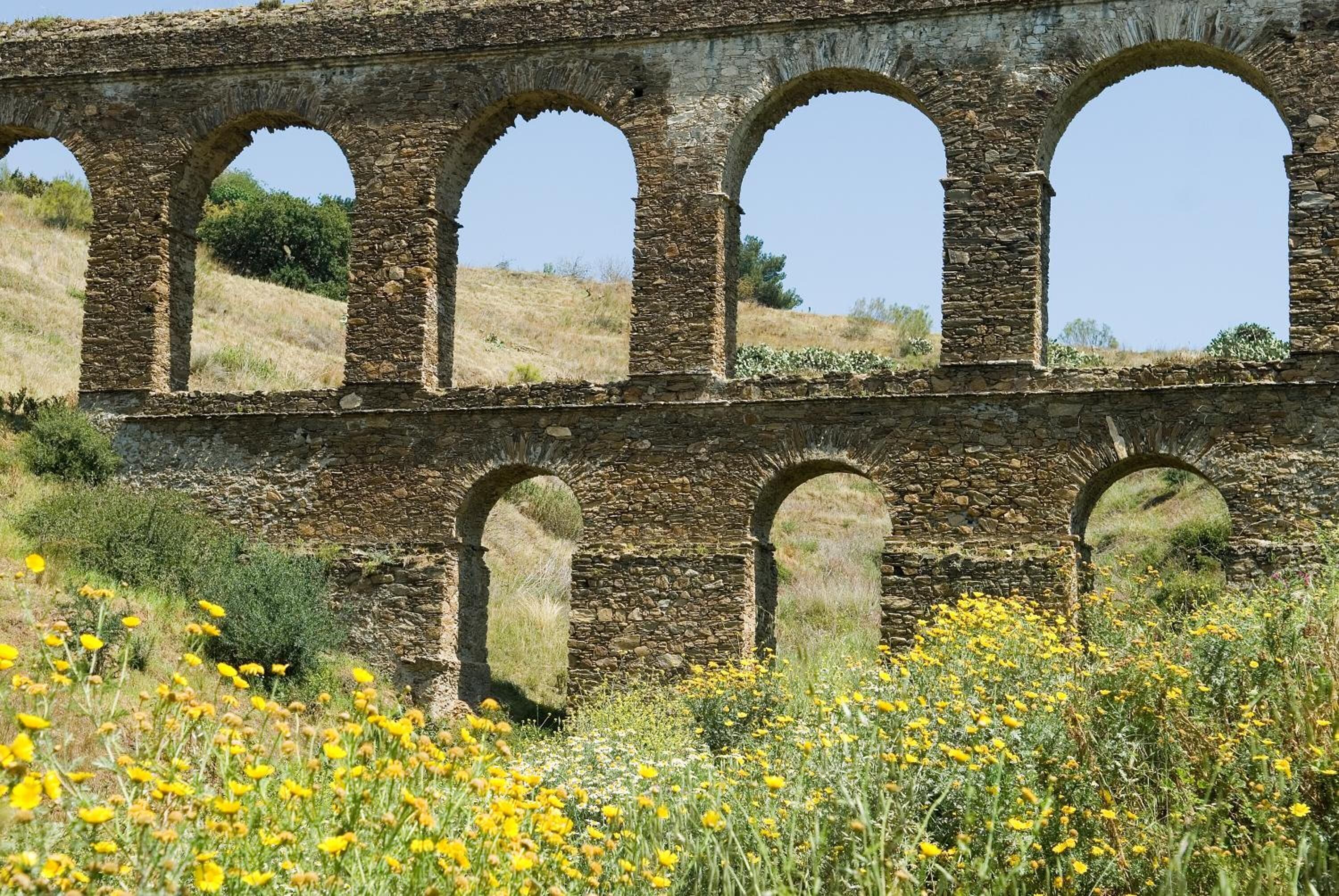 Um aqueduto de pedra com várias abóbadas, rodeado por um campo de flores amarelas.