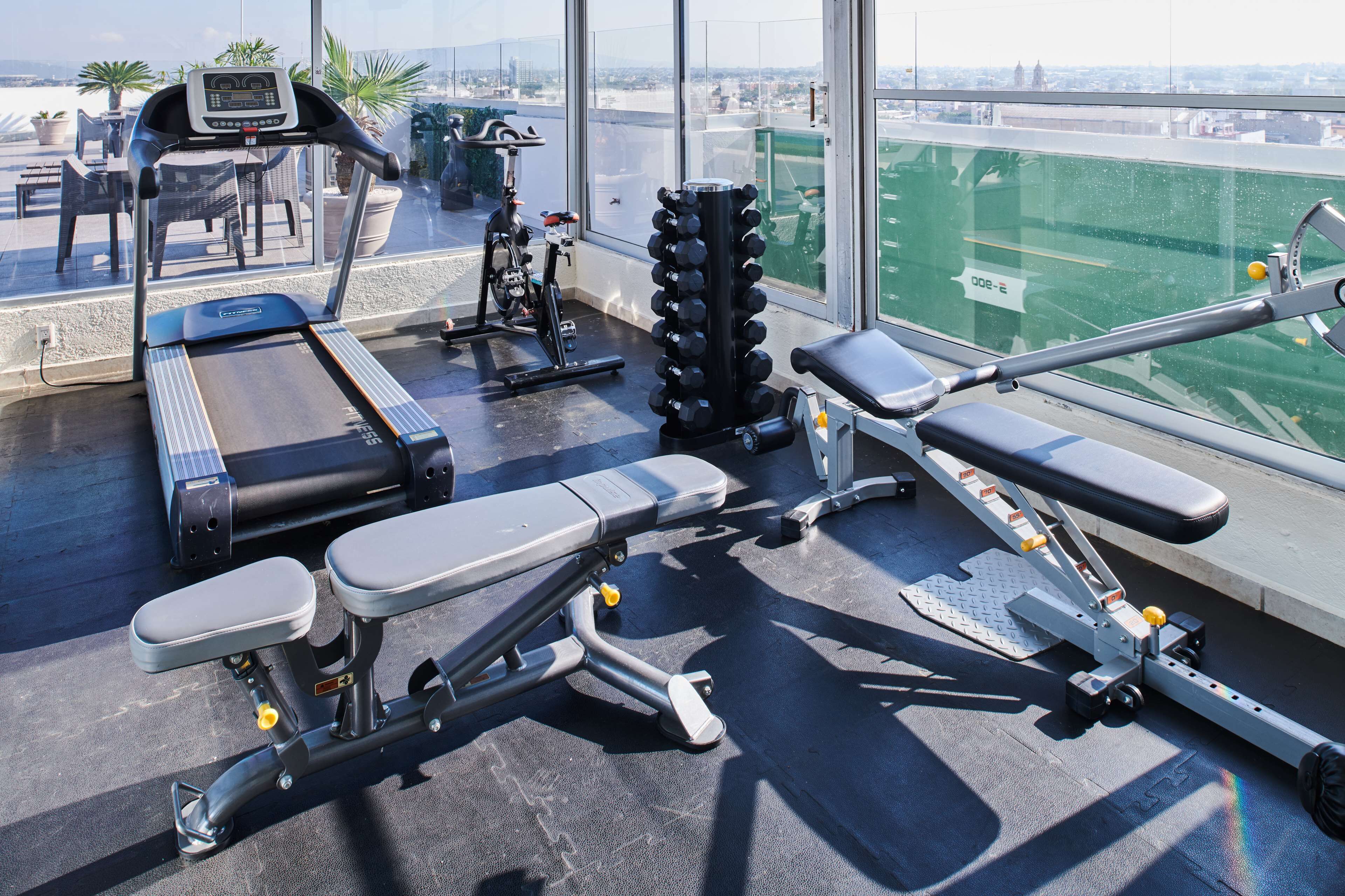 A gym with exercise equipment, including treadmills, dumbbells, and weight benches, with a view of a cityscape through large windows.