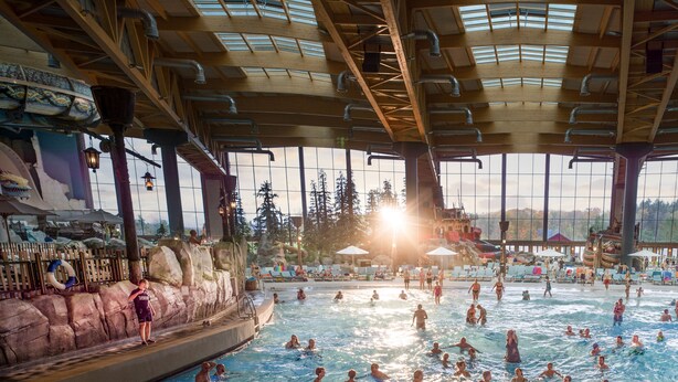 A large indoor swimming pool with multiple lanes, surrounded by rock formations and wooden beams. - Sun Parc Hotel (Ringsheim)