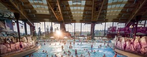 A large indoor swimming pool with multiple lanes, surrounded by rock formations and wooden beams. - Sun Parc Hotel (Ringsheim)