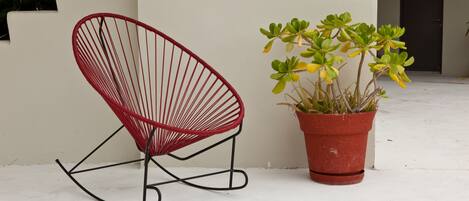 A red wireframe chair and a potted plant with green and yellow leaves.