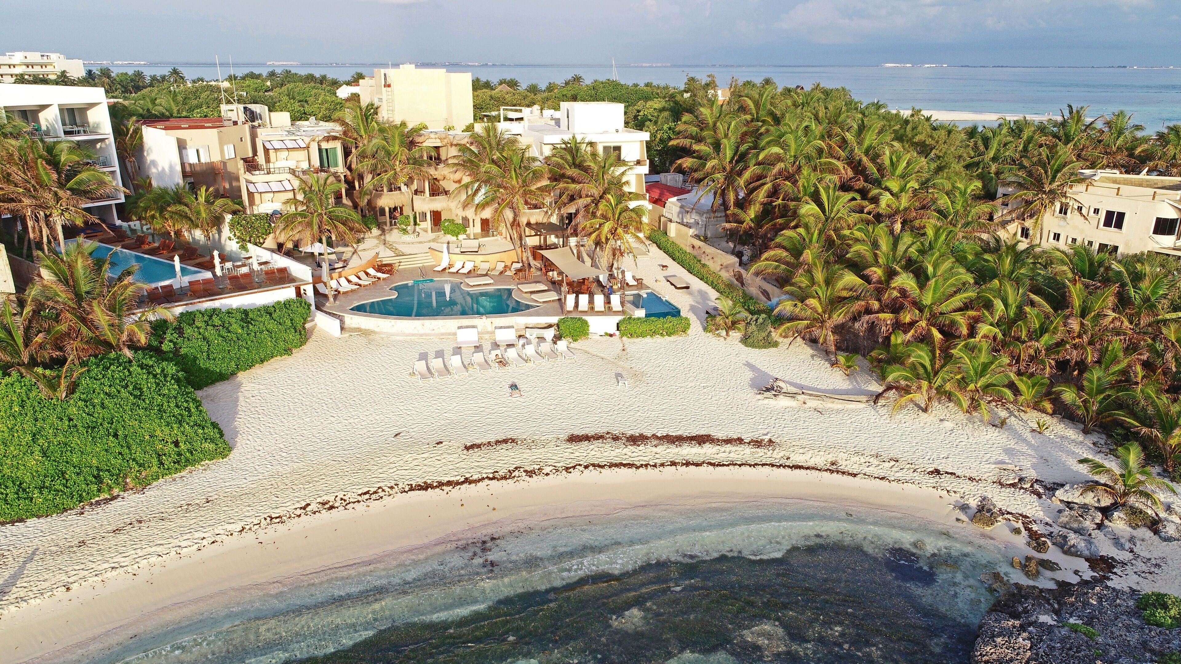 Un resort con piscina, spiaggia e palme.