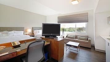 Habitación de hotel con cama, escritorio, televisor, sofá y ventana con vistas.