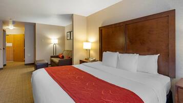 A hotel room with a large bed, a nightstand with a lamp, a chair, and a wooden door.