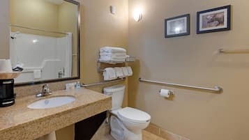A bathroom with two sinks, a toilet, a shower, and a handrail.