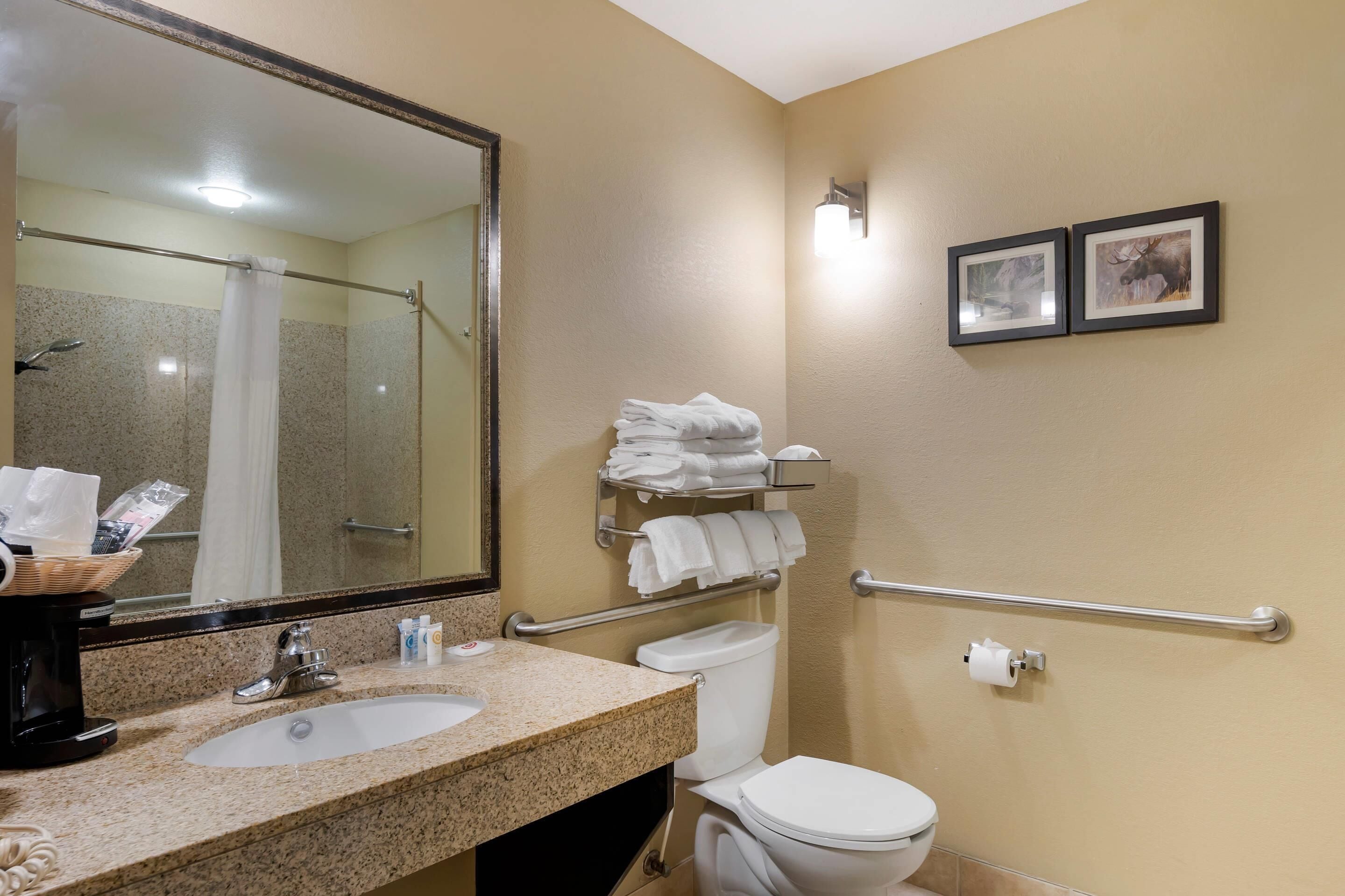 A bathroom with a sink, mirror, toilet, towel rack, and two framed pictures on the wall.