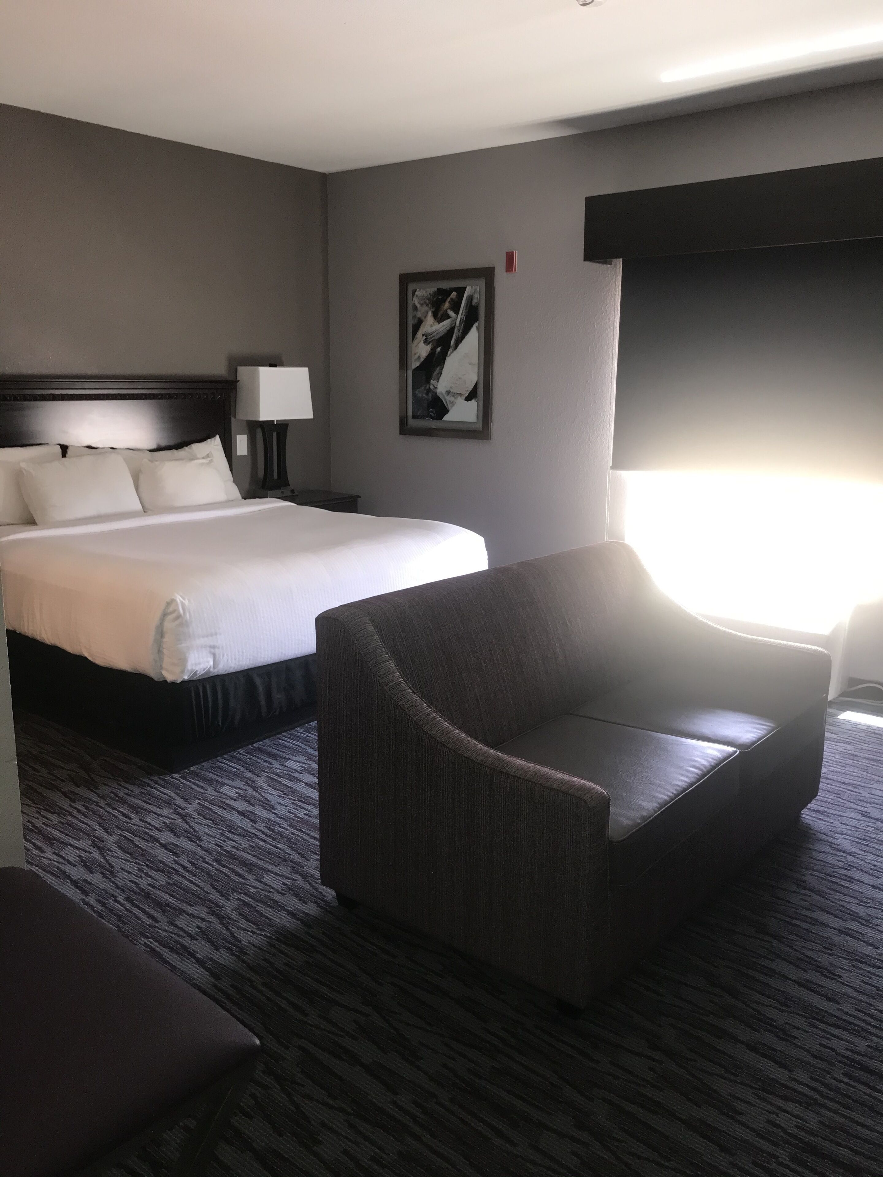 Une chambre d’hôtel avec un grand lit, une table de chevet avec une lampe, un tableau encadré au mur et un fauteuil sombre.