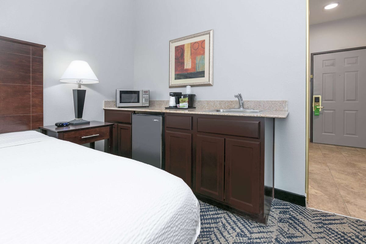 A hotel room with a bed, a desk with a lamp, a microwave, a coffee maker, a sink, and a framed picture on the wall.